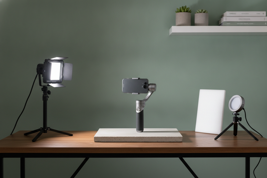Small product video setup with one main light and a second fill light in a compact room, showing a clear key-and-fill arrangement for demonstration filming