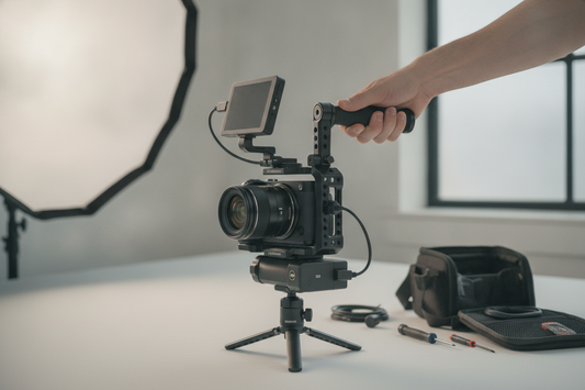 Camera cage handle used for vertical video shooting on a fully assembled camera rig