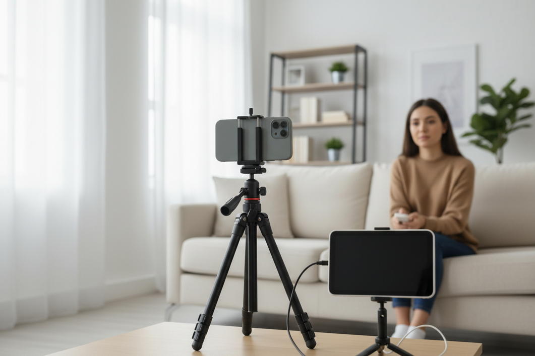 Wireless phone video monitor on a tripod for self-recording in a small studio