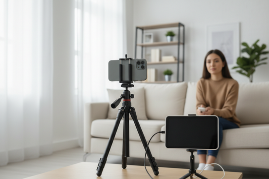 Wireless phone video monitor on a tripod for self-recording in a small studio