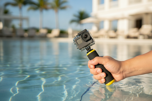 Action camera floating grip held over calm shallow water beside a pool edge