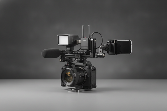 A camera rig with multiple accessories mounted on a cold shoe extension bar, shown as a balanced editorial setup on a tabletop