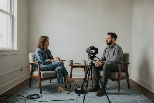 Two people seated in a small interview room with a camera on the conversational side and a single broad key light