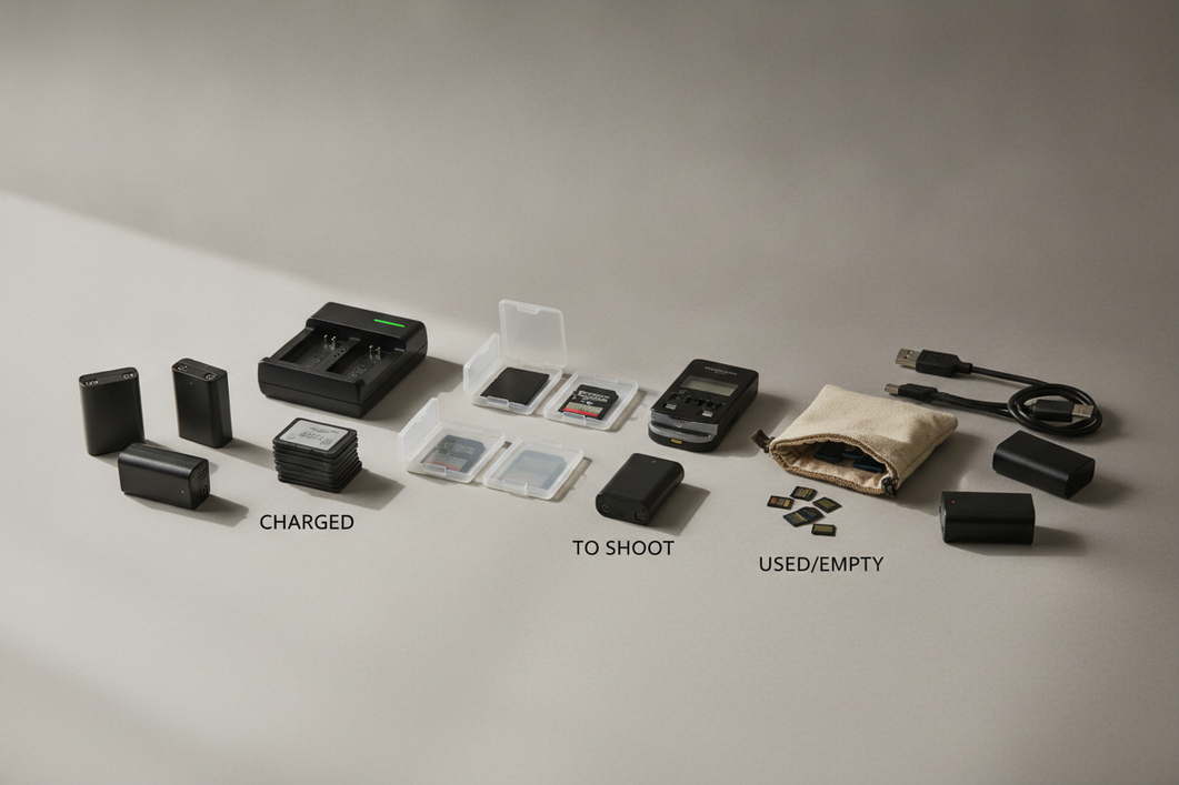 Camera batteries and memory cards laid out in labeled storage cases for a shoot-day workflow