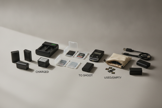 Camera batteries and memory cards laid out in labeled storage cases for a shoot-day workflow