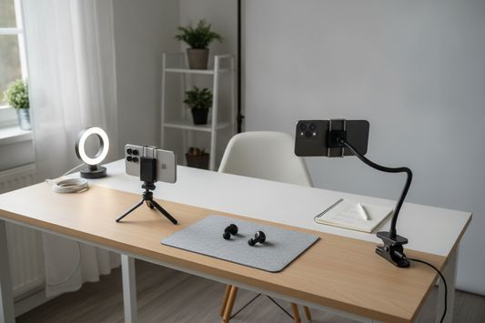 Two smartphones arranged for a product demo in a small workspace, with one phone filming the product action and the other covering the presenter from a separate angle.