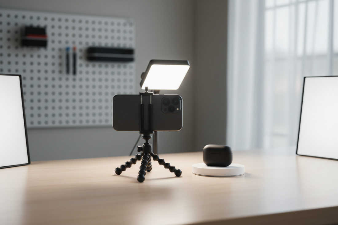 Phone product video setup with a smartphone on a support, a small product on a clean tabletop, and controlled side lighting in a simple studio workspace