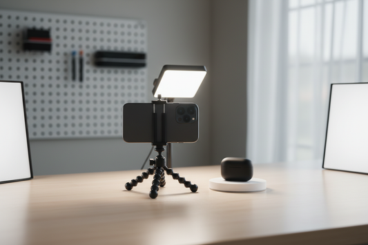 Phone product video setup with a smartphone on a support, a small product on a clean tabletop, and controlled side lighting in a simple studio workspace