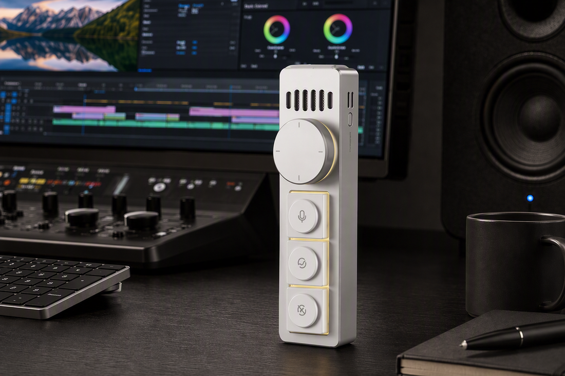 AI voice input keypad presented beside a video editing workstation.