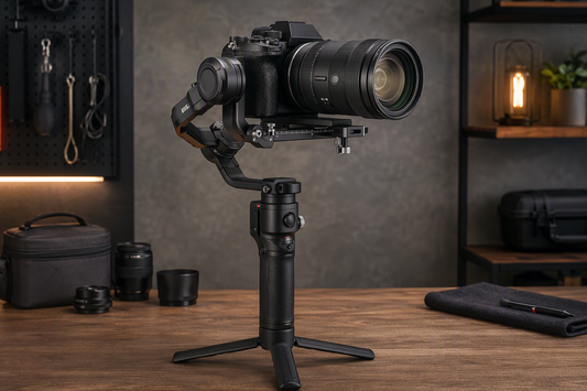 Mirrorless camera with a heavy zoom lens balanced on a handheld gimbal beside a shooting setup.