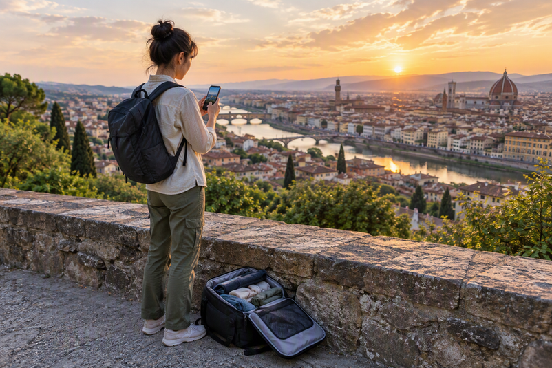 Solo traveler taking in a scenic city overlook during a content-planning moment, with an open travel bag nearby.