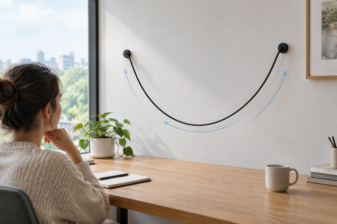 An abstract cable slack loop suspended between two fixed points above a clean desk, with a subtle curved motion path suggesting monitor-arm movement.