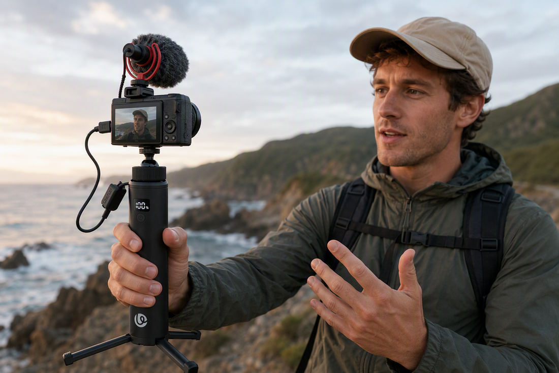 Camera recording with a referenced charging handle supplying power while a microphone captures audio in a practical creator setup.