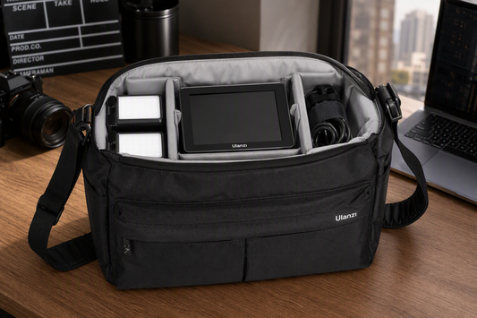 Ulanzi U023 shoulder bag arranged with a padded monitor bay, separate light compartments, and a soft cable pocket.