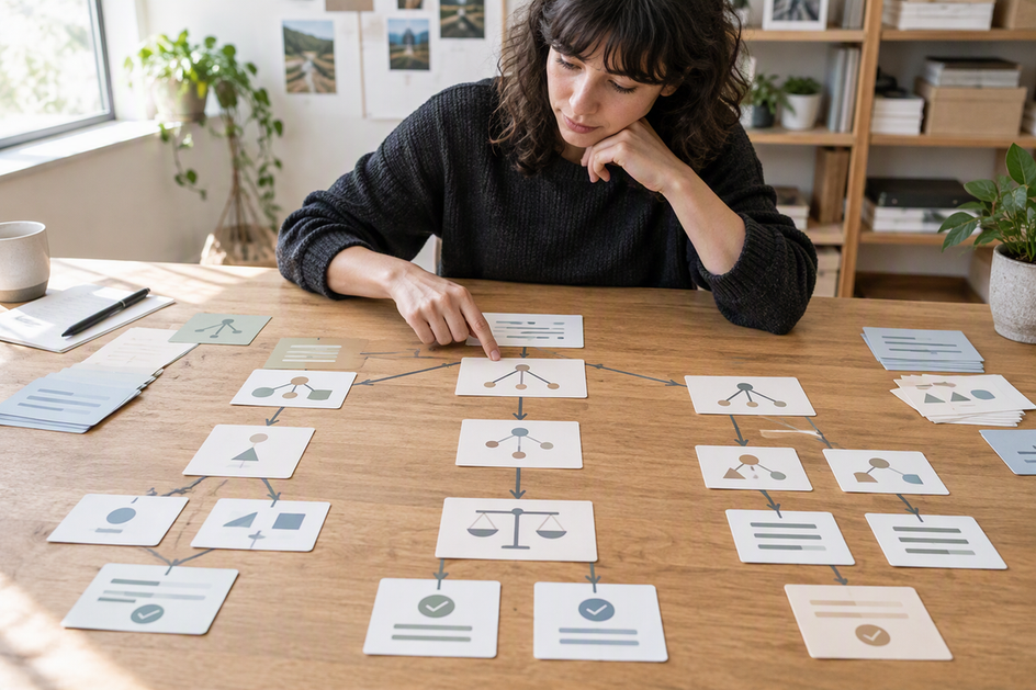 Filmmaker reviewing abstract rig-selection cards and branching choices on a studio planning table