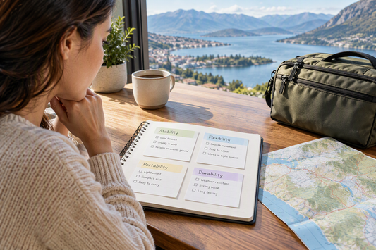 Travel planning workspace with a four-check ball head selection checklist, a folded map, and a packed bag near a scenic window.