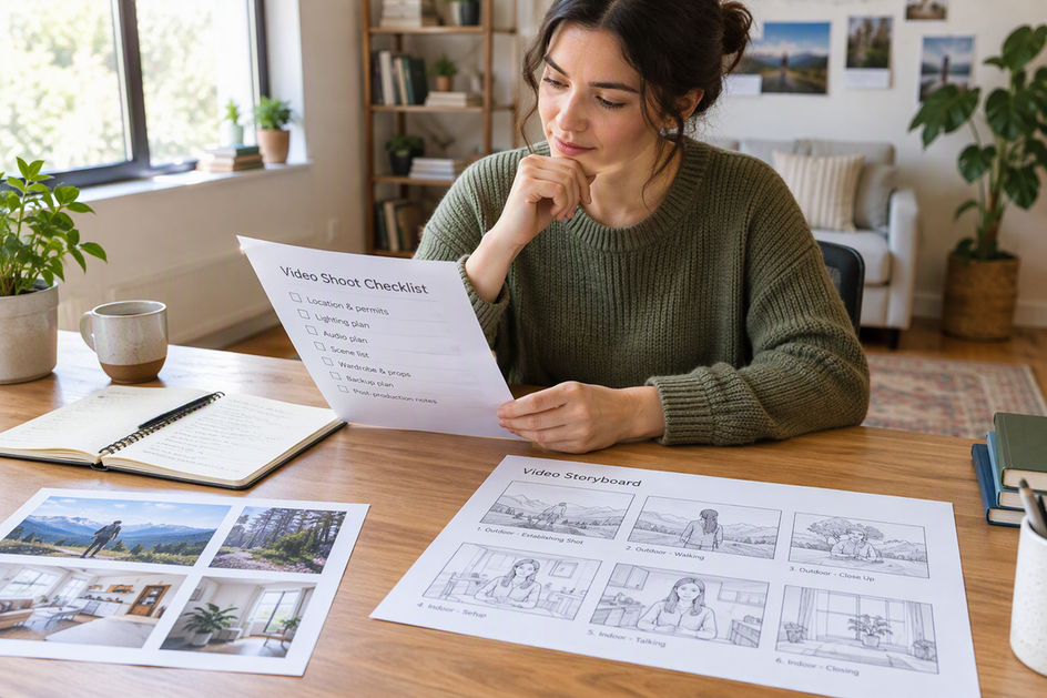 Video creator reviewing a tripod selection checklist beside a storyboard in a bright home studio.