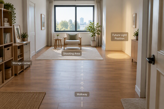 A compact studio room with clearly separated open floor zones for a subject, light position, walkway, and storage corner.