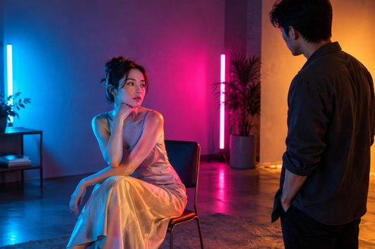 Portrait subject in a film studio surrounded by contrasting cyan, magenta, and warm amber illumination while a filmmaker plans the scene nearby.