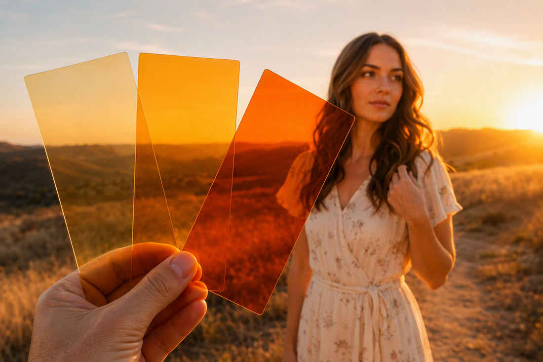 Three translucent amber gel swatches held against a warm golden-hour portrait scene, ranging from pale orange to deep orange.