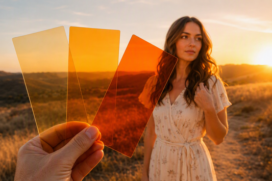 Three translucent amber gel swatches held against a warm golden-hour portrait scene, ranging from pale orange to deep orange.