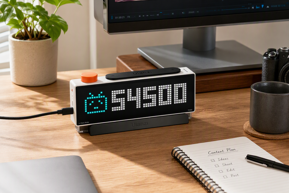 Pixel display positioned on a creator's desk beneath a monitor, showing a bright glanceable metric.
