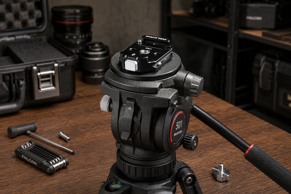 Falcam F38 adapter mounted on a compatible video head beside a camera support setup
