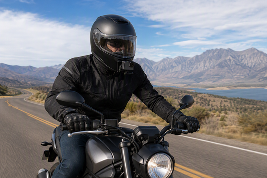 Motorcyclist wearing a full-face helmet with a compact action camera mounted externally at the chin, viewed on an open road.