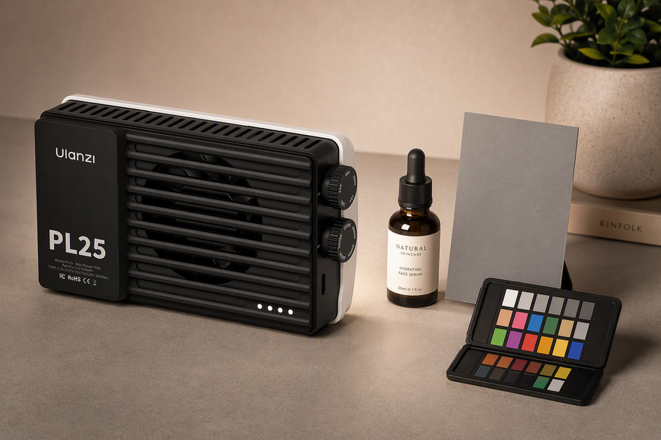 Compact high-CRI continuous panel light illuminating a product color reference and a small retail product on a clean tabletop.