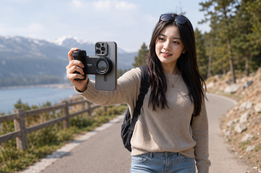 A creator walks outdoors while holding a smartphone attached to a handheld MagSafe camera grip.