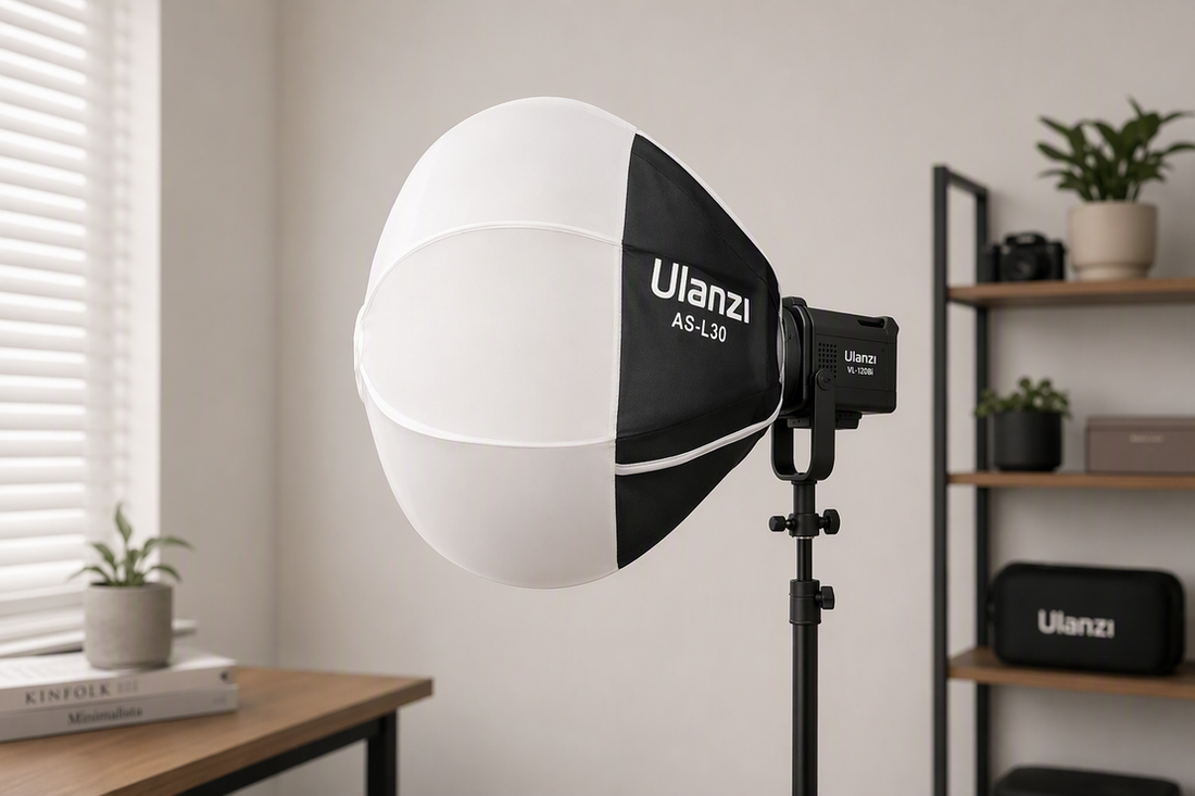 Mini Bowens lantern softbox mounted on a compact video light in a clean studio setup.