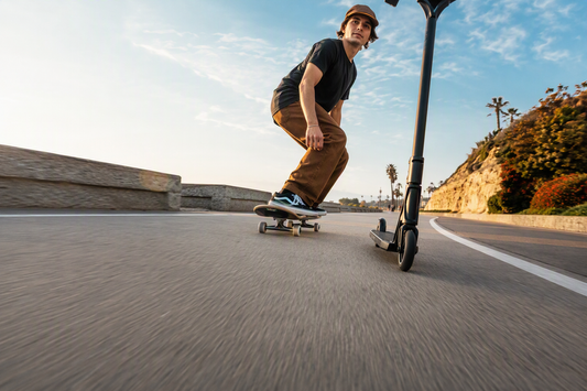 Low-angle tracking perspective beside a skateboard and scooter on smooth pavement, with a rider moving through the frame.
