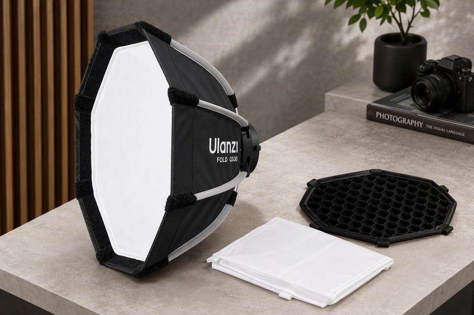 Ulanzi QS30 octagonal softbox with its white diffuser and honeycomb grid arranged beside the Mini Bowens mount for a tabletop lighting comparison