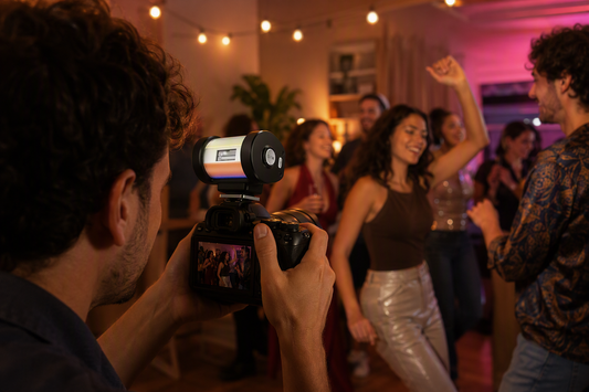 Mini camera flash mounted on a camera during an indoor party, with dancing guests and warm room lighting in the background.