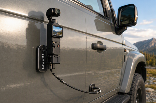 DJI Osmo Pocket 3 mounted on a parked car’s clean steel body panel with a separate safety tether attached