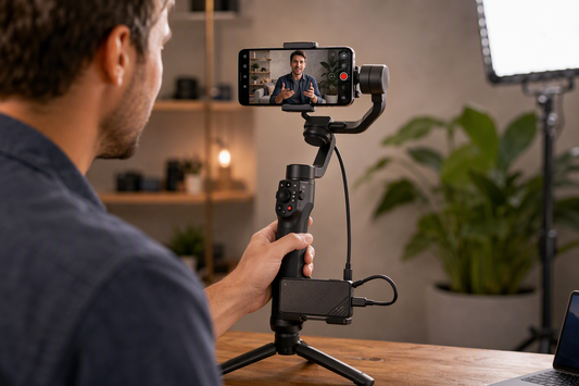 An external SSD enclosure phone stand mounted low on a phone gimbal rig, with the phone centered above it and the moving arms left clear.
