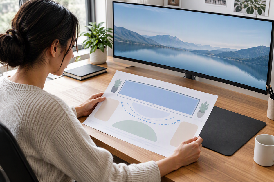 Creator reviewing an abstract desk-layout plan for keeping a microphone workspace clear beneath a wide display area.