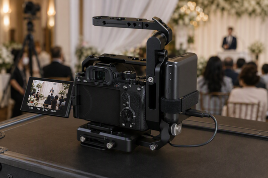 Mirrorless camera in a cage with an external power bank secured near the cage handle during an event recording setup.