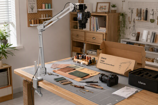 Overhead camera mount clamped to a craft table with one camera positioned above an organized workspace and a second camera resting nearby.