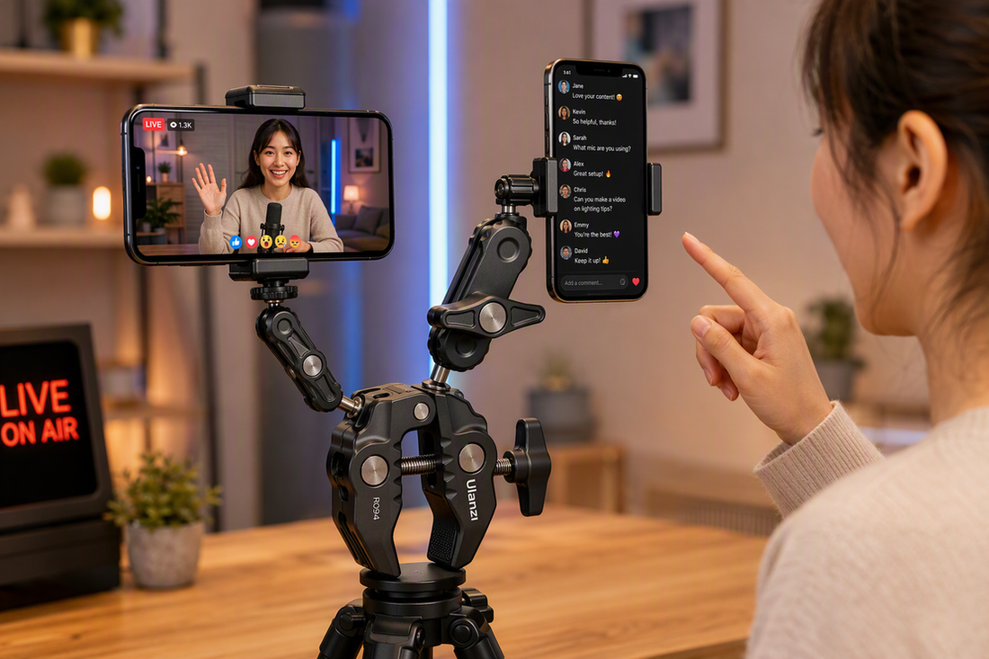 Dual-phone tripod setup with two smartphones mounted side by side for live video and comment monitoring.