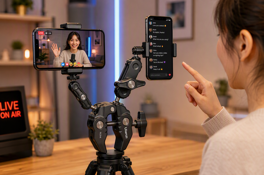 Dual-phone tripod setup with two smartphones mounted side by side for live video and comment monitoring.
