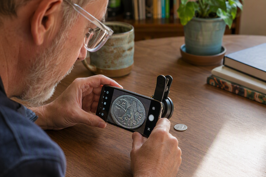 Smartphone fitted with a clip-on macro lens photographing a detailed coin on a tabletop