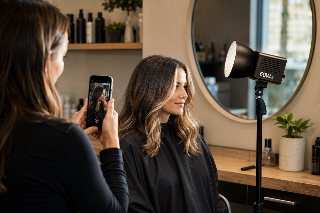Portable video light illuminating a stylist filming a client's hair-color reveal in a salon.