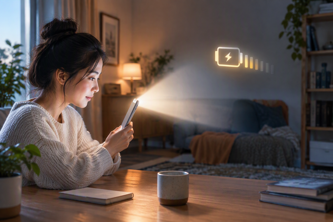 Abstract light beam fading beside a glowing battery symbol in a warm indoor filming setting