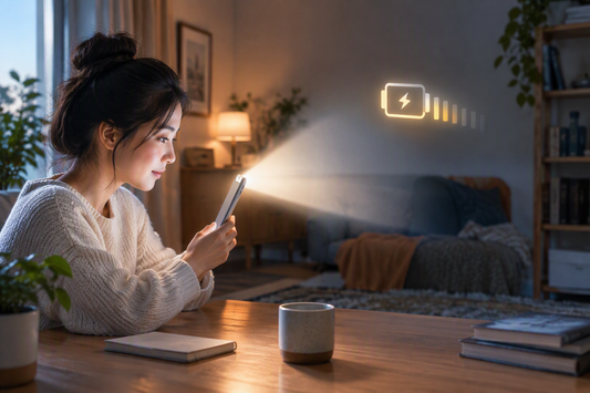 Abstract light beam fading beside a glowing battery symbol in a warm indoor filming setting