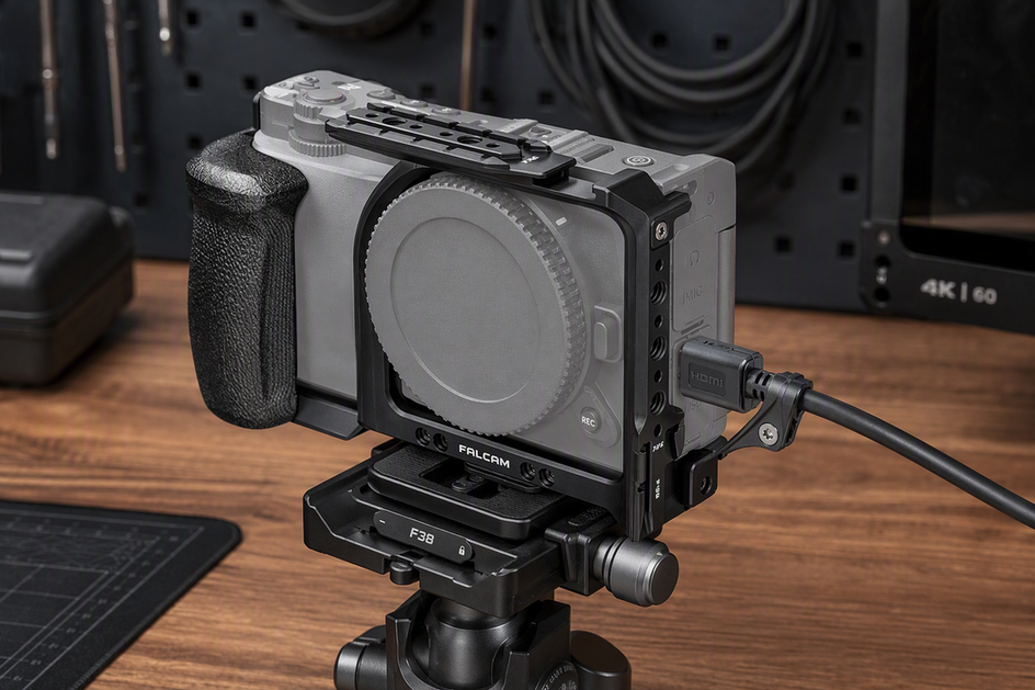 Camera cage surrounding a mirrorless camera with an HDMI cable routed through a nearby cage clamp