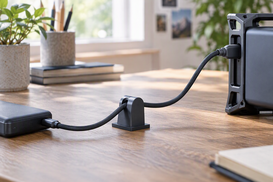 Abstract cable strain-relief concept showing a flexible cable path held away from a sensitive connection point