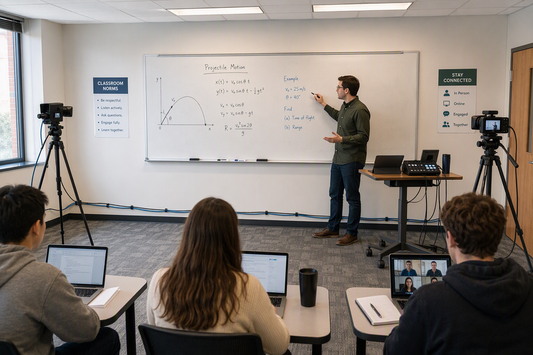 Instructor teaching beside a whiteboard while two cameras cover separate views and a control point remains within reach.