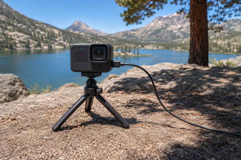 Action camera recording outdoors in bright heat while a USB-C power cable runs clear of its body and vents.