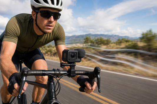 Road cyclist riding at high speed with an action camera and fitted microphone windscreen mounted on the bike.